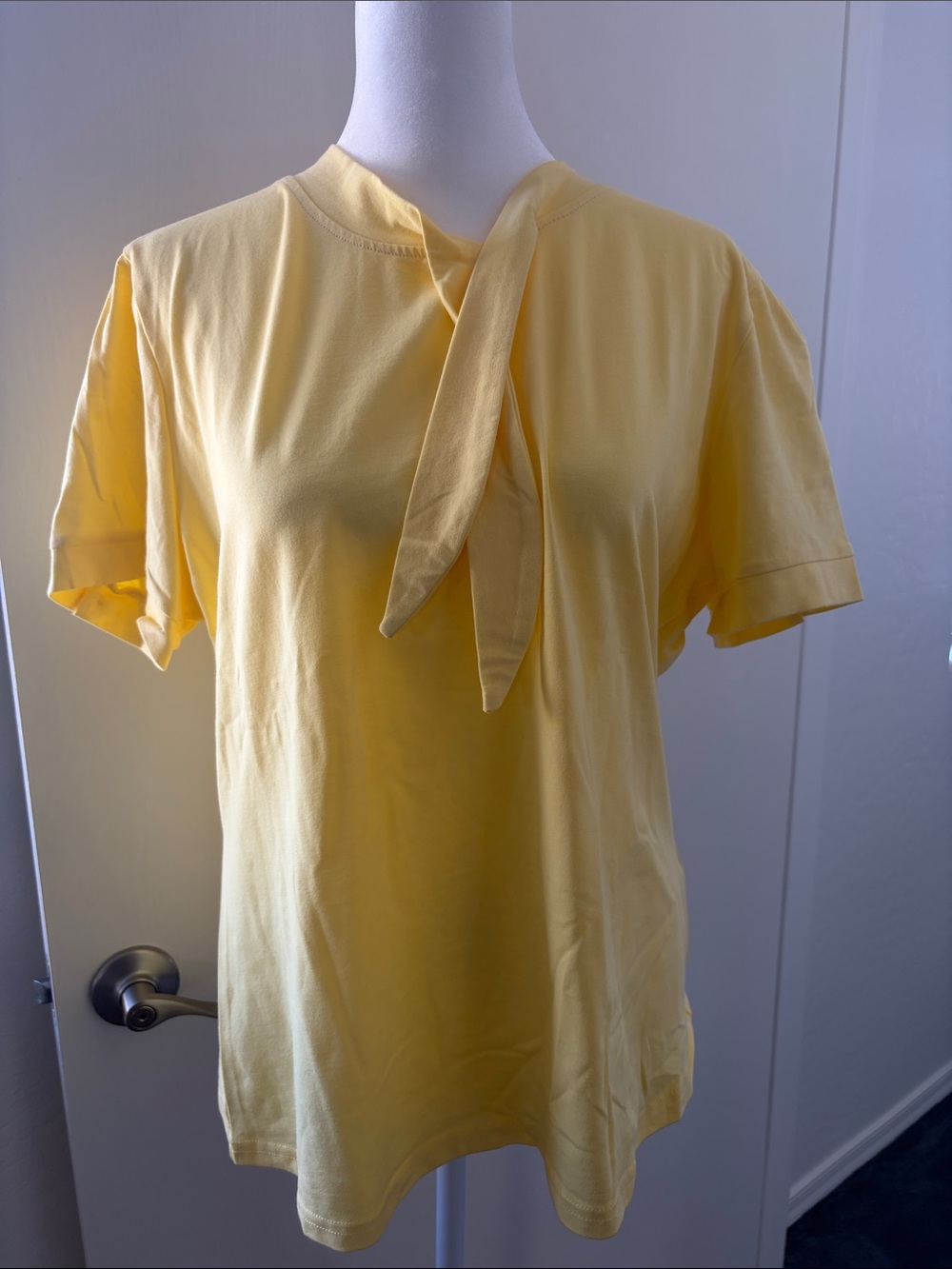 Tie-Neck Short Sleeve Tee in Pale Yellow